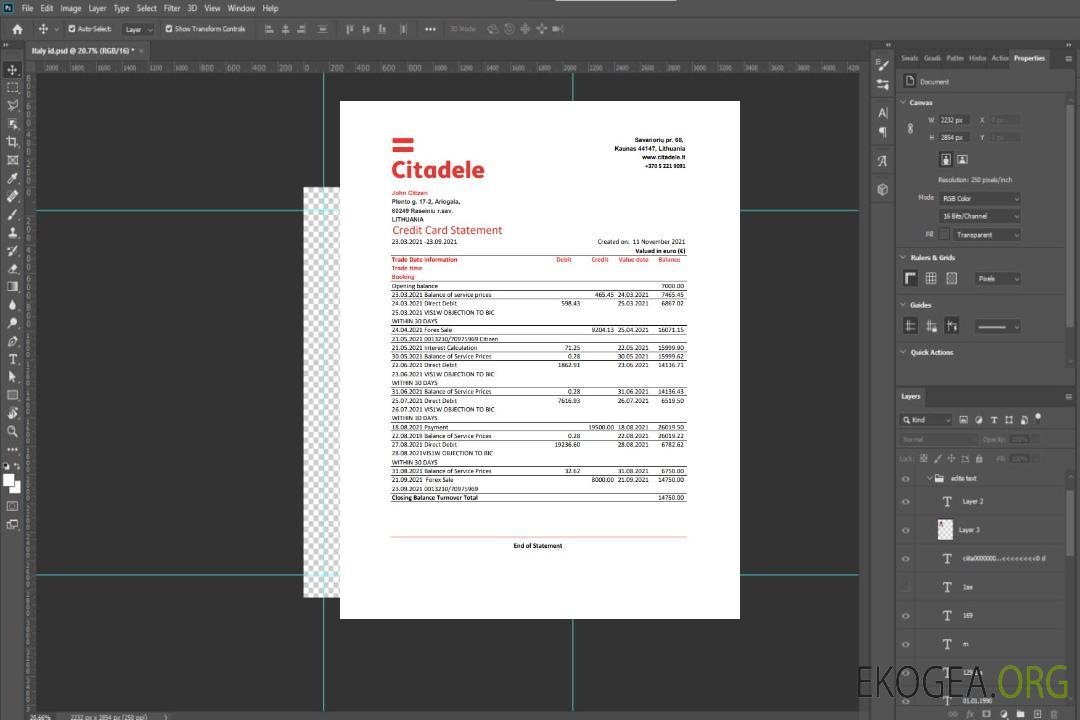 Lituanie (Litva) Modèle de relevé de carte de crédit bancaire Citadele au format Excel et PDF template